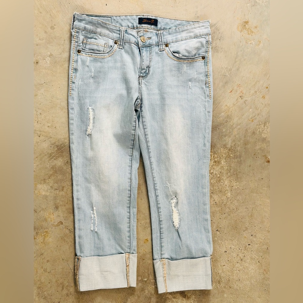 SEVEN7 CROP Jeans - Womens Sz 8 Stretch Light Wash Decorative Stitch - BLUE